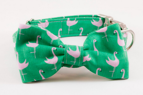 Preppy Green and Pink Flamingo Bow Tie Dog Collar