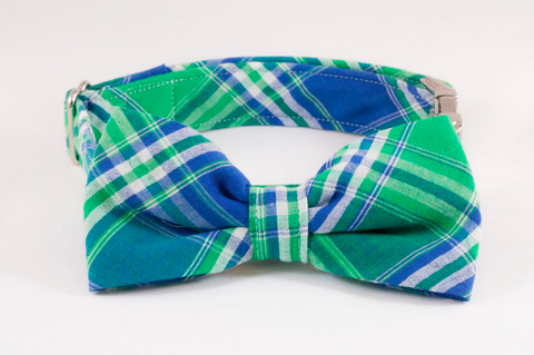 Preppy Green and Blue Madras Plaid Bow Tie Dog Collar