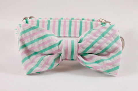 Preppy Pink and Green Seersucker Bow Tie Dog Collar
