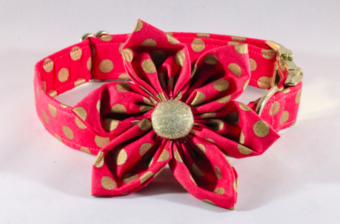 Valentine's Day Pink and Gold Polka Dot Girl Dog Flower Bow Tie Collar