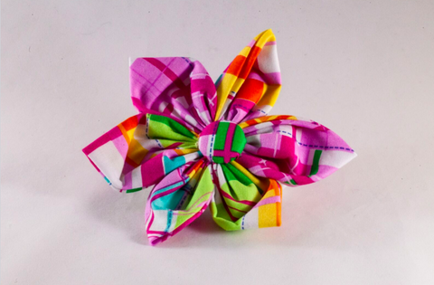 Preppy Pink and Yellow Madras Girl Dog Flower Bow Tie