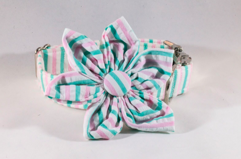 Preppy Pink and Green Seersucker Girl Dog Flower Bow Tie Collar