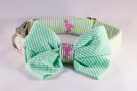Preppy Green and Pink Flamingo Seersucker Girl Dog Bow Tie Collar