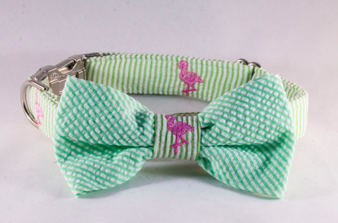 Preppy Green and Pink Flamingo Seersucker Dog Bow Tie Collar