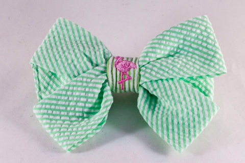 Preppy Green and Pink Flamingo Seersucker Girl Dog Bow Tie
