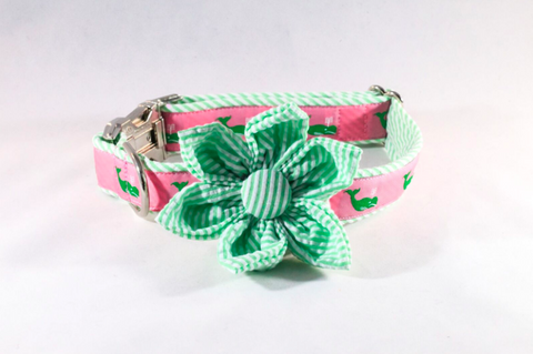 Seersucker Pink and Green Nantucket Whale Girl Dog Flower Bow Tie Collar