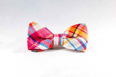 Preppy Pink and Orange Madras Dog Bow Tie