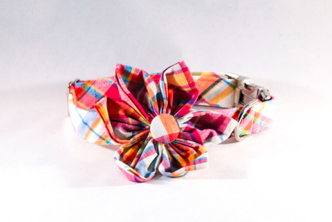 Preppy Pink and Orange Madras Girl Dog Flower Bow Tie Collar
