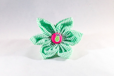 Pink and Green Seersucker Pineapple Girl Dog Flower Bow Tie