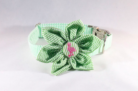 Preppy Green and Pink Flamingo Seersucker Girl Dog Flower Bow Tie Collar