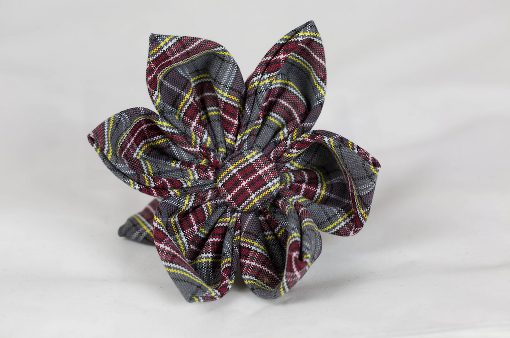 Maroon and Gray Plaid Girl Dog Flower Bow Tie--Baylor School