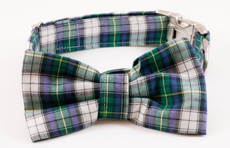 Green and Blue Prep School Plaid Bow Tie Dog Collar