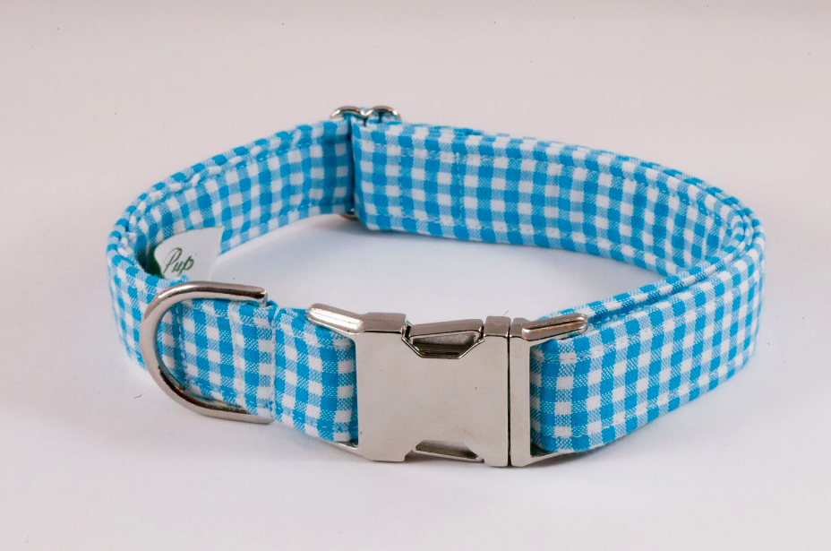 Preppy Aqua Blue Gingham Dog Collar