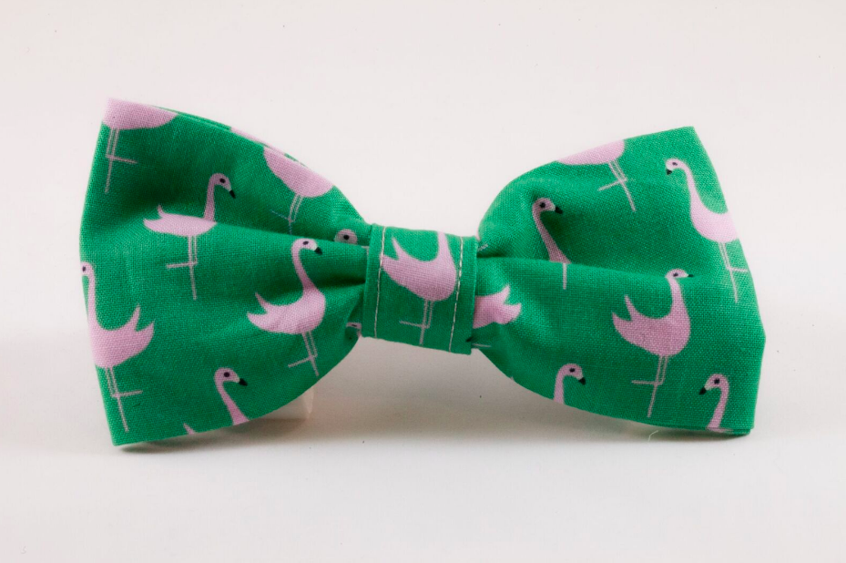 Preppy Green and Pink Flamingo Dog Bow Tie