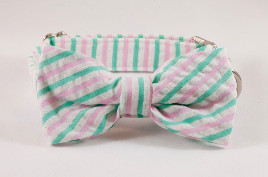 Preppy Pink and Green Seersucker Bow Tie Dog Collar