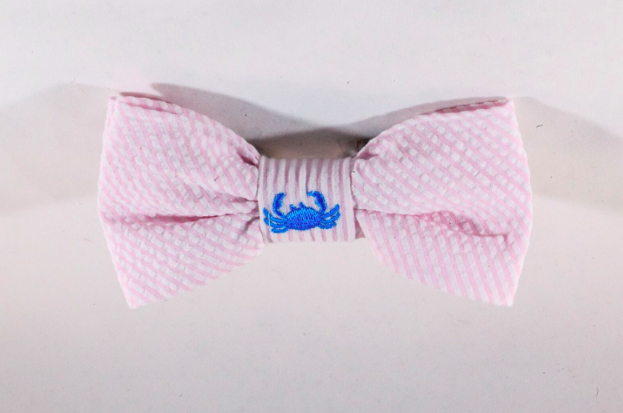 Preppy Pink Crab Seersucker Dog Bow Tie