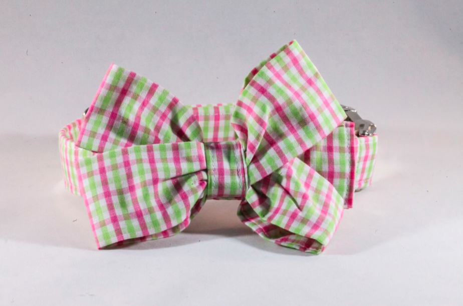 Preppy Pink and Green Gingham Girl Dog Bow Tie Collar