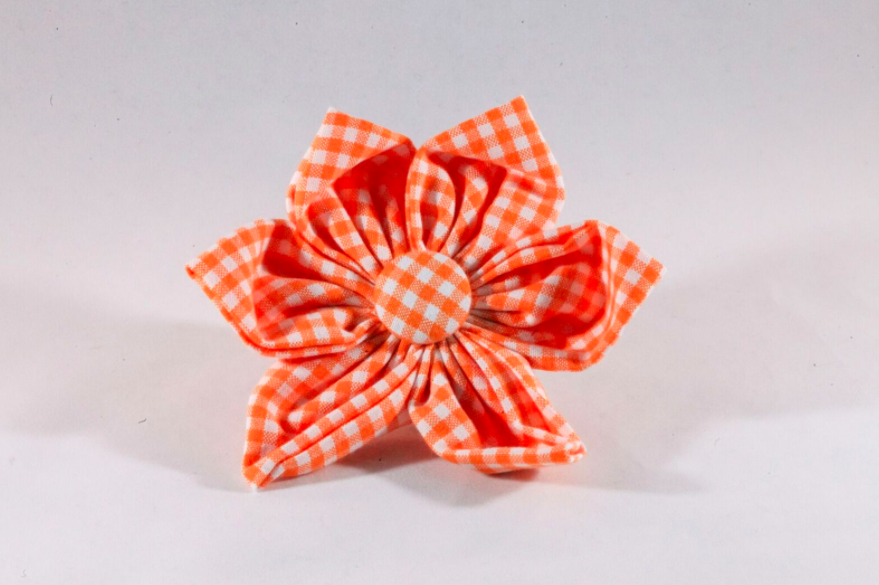 Preppy Orange and White Gingham Girl Dog Flower Bow Tie