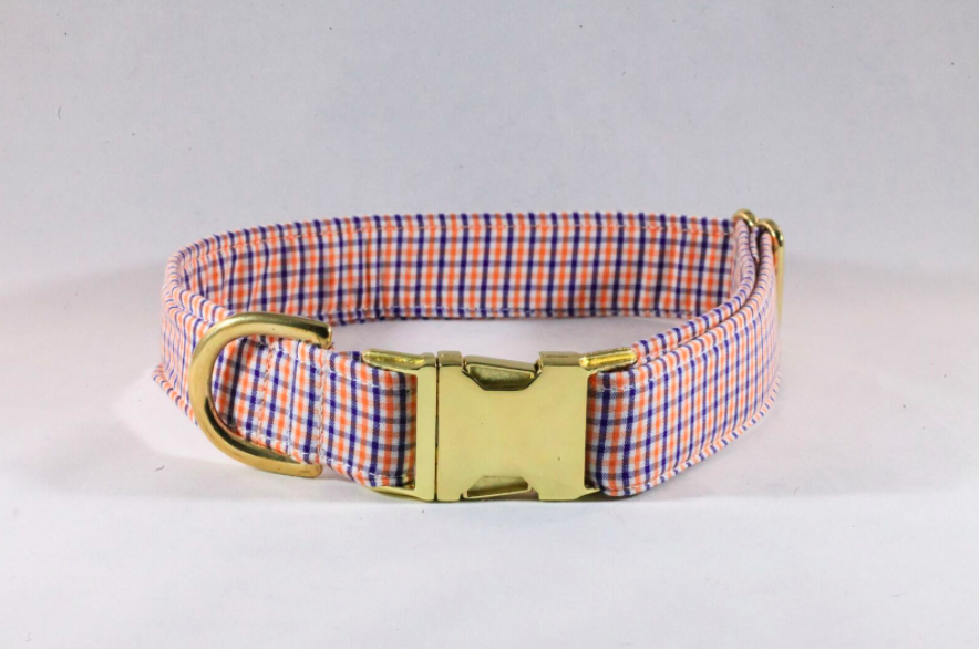 Preppy Navy and Orange Gingham Auburn Dog Collar