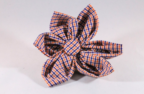 Preppy Navy and Orange Gingham Auburn Tigers Girl Dog Flower Bow Tie