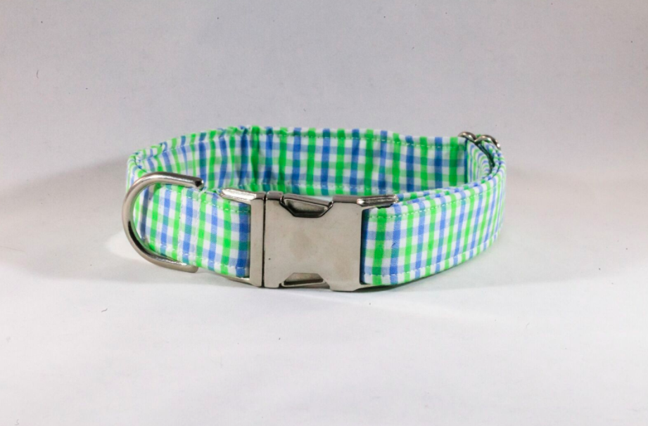 Preppy Blue and Green Gingham Dog Collar