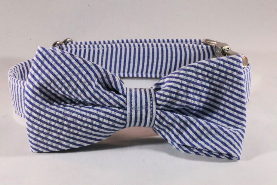 Preppy Navy Blue Seersucker Bow Tie Dog Collar