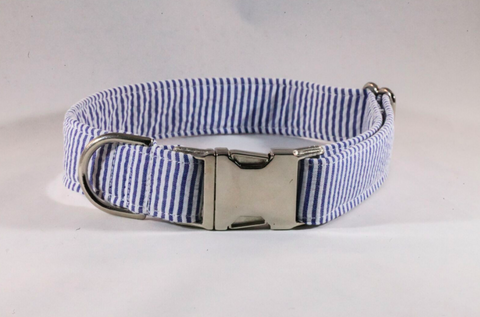 Preppy Navy Blue Seersucker Dog Collar