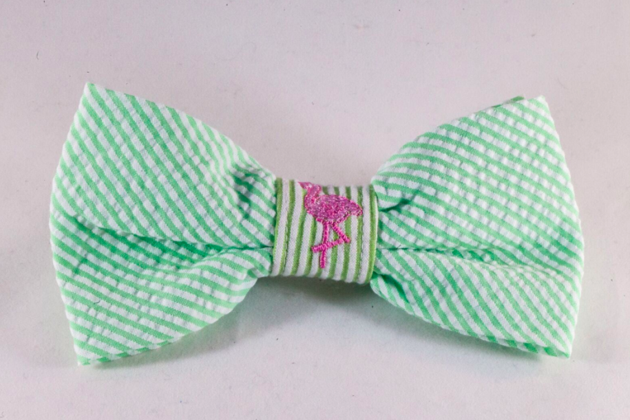 Preppy Green and Pink Flamingo Seersucker Dog Bow Tie