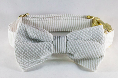 Preppy Khaki Seersucker Bow Tie Dog Collar