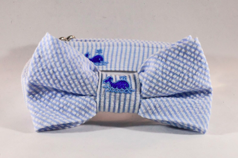 Preppy Blue Whale Seersucker Bow Tie Dog Collar