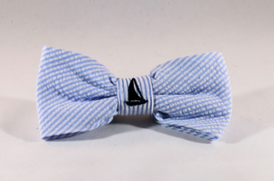 Preppy Blue Sailboat Seersucker Dog Bow Tie