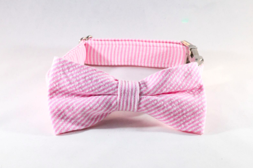 Preppy Pink Seersucker Bow Tie Dog Collar