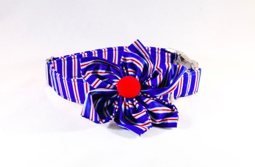 Preppy Red White and Blue Patriotic Stripes Girl Dog Flower Bow Tie Collar
