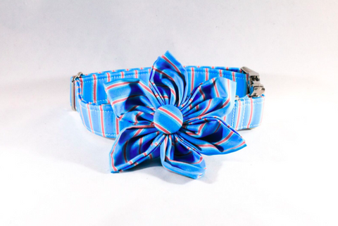Preppy Aqua and Coral Seaside Stripes Girl Dog Flower Bow Tie Collar