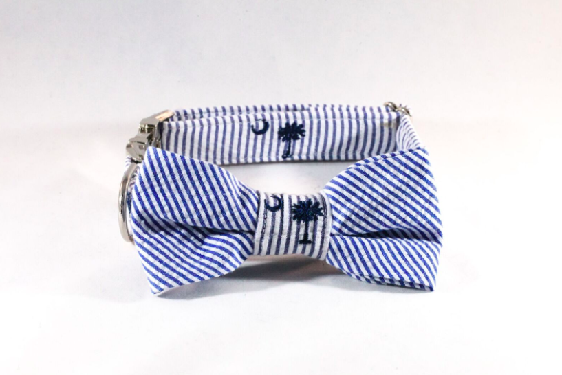 Preppy Navy Blue Palmetto Palm Tree Seersucker Dog Bow Tie Collar