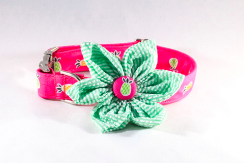 Pink and Green Seersucker Pineapple Girl Dog Flower Bow Tie Collar