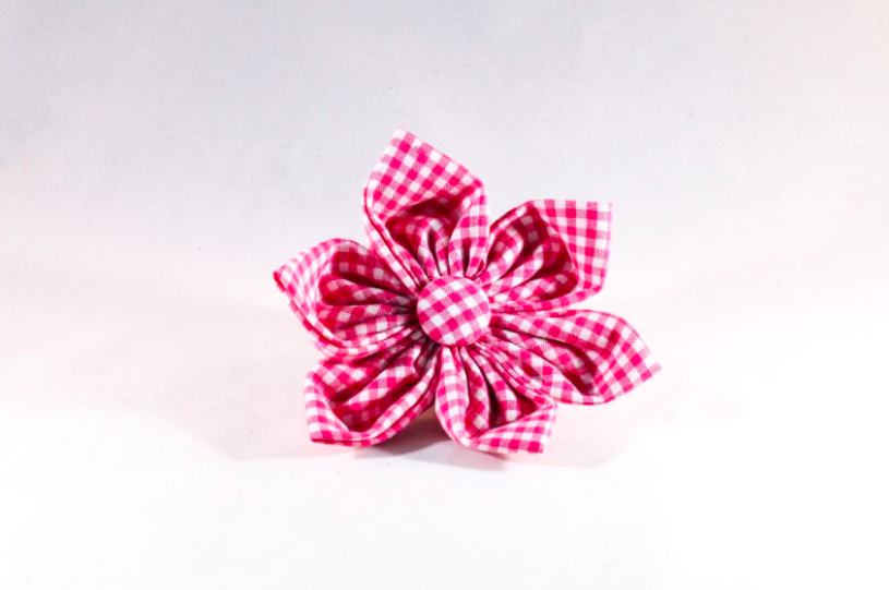Preppy Hot Pink Gingham Girl Dog Flower Bow Tie