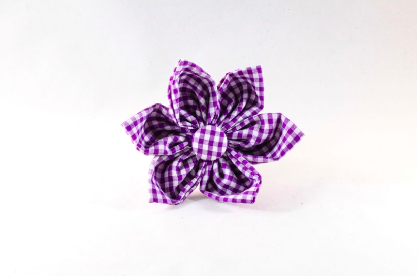 Preppy Purple Gingham Girl Dog Flower Bow Tie