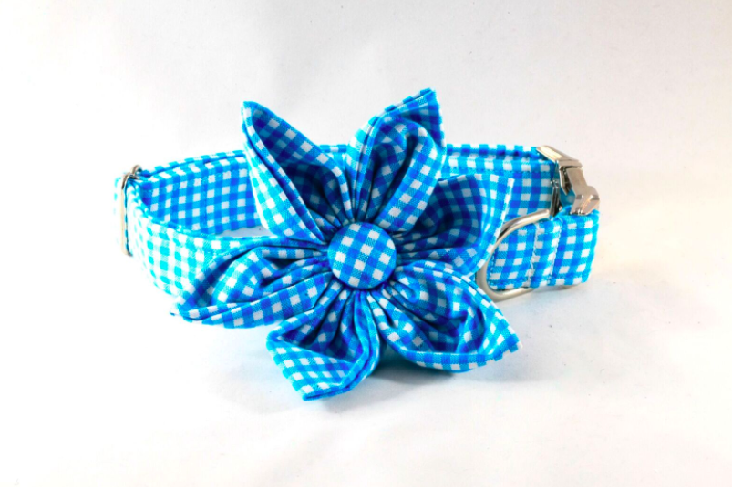 Preppy Aqua Blue Gingham Girl Dog Flower Bow Tie Collar