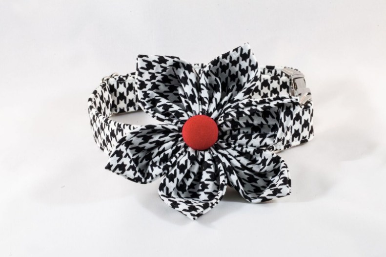 Classic Red Black and White Houndstooth Girl Dog Flower Bow Tie Collar