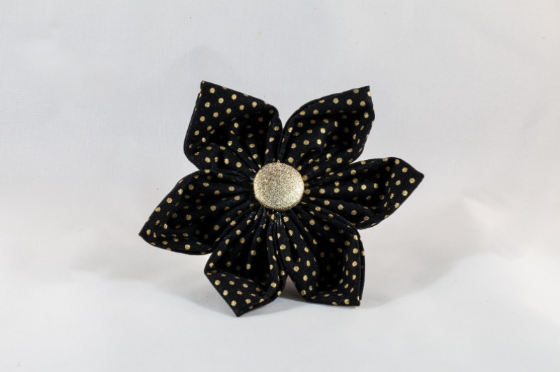 Black and Gold Polka Dot Girl Dog Flower Bow Tie
