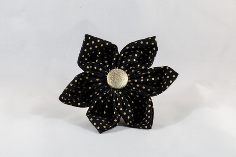 Black and Gold Polka Dot Girl Dog Flower Bow Tie