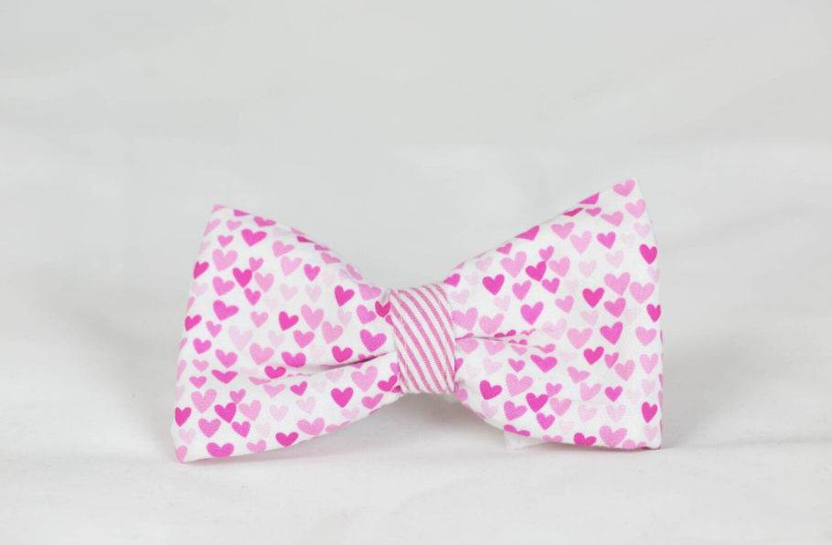 Preppy Pink Hearts and Seersucker Valentine's Day Dog Bow Tie