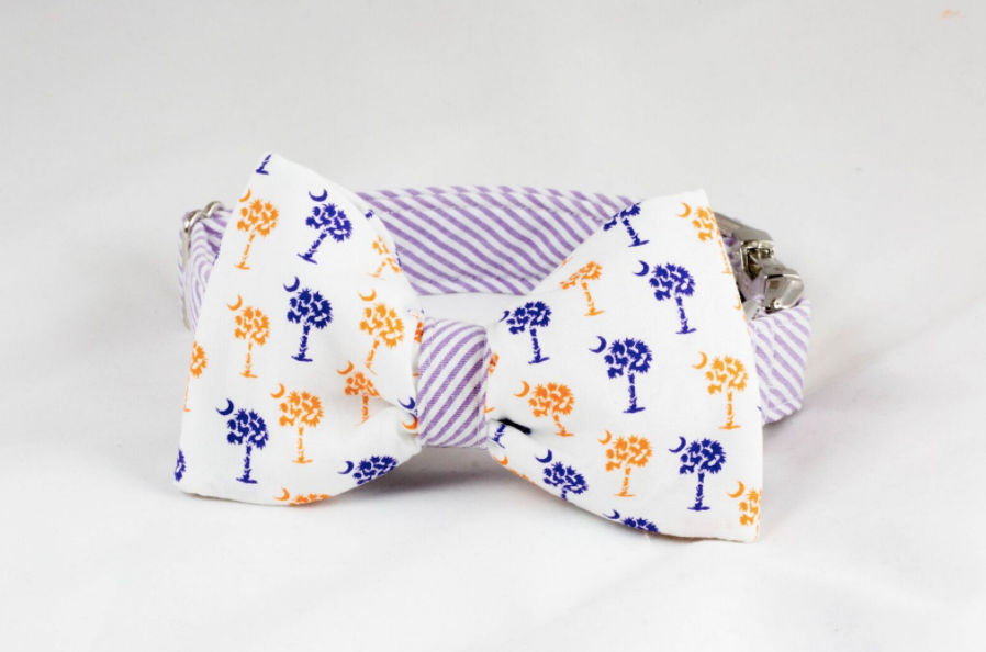 Purple and Orange Clemson Tigers Palmetto Palm Tree Seersucker Game Day Dog Bow Tie Collar