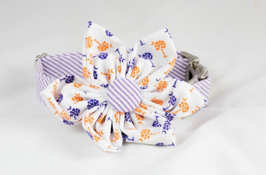 Purple and Orange Clemson Tigers Palmetto Palm Tree Seersucker Game Day Girl Dog Flower Bow Tie Collar
