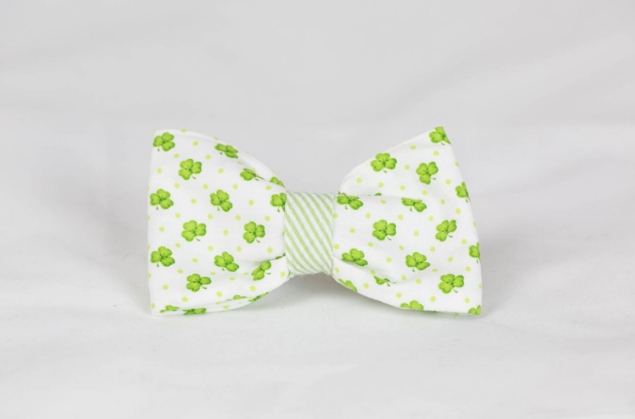 Luck of the Irish St. Patrick's Day Green Seersucker Clover Dog Bow Tie